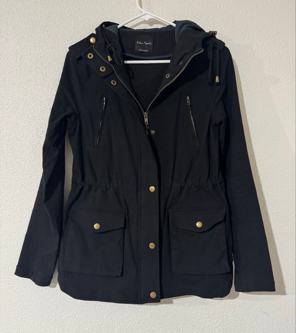 Eden Society Black Hooded Utility Jacket Drawstring Waist Zip Pockets Small